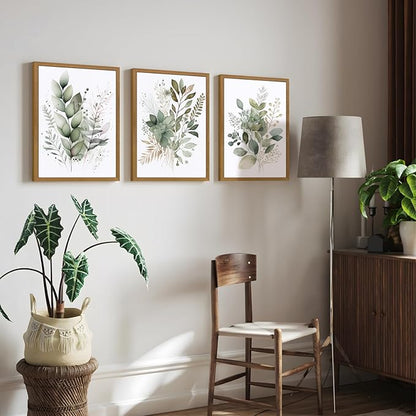 HLXRAE Watercolor Botanical Wall Art Set of 3, Neutral Sage Green Bathroom Wall Decor, Modern Floral Canvas Paintings, Minimalist Farmhouse Poster Prints for Bedroom Living Room Wood Framed 12x16 Inch
