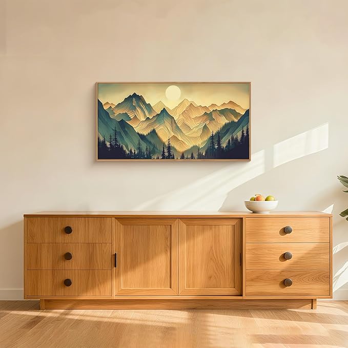 Mountains Forests Framed Canvas Wall Art Set,Abstract Sun Woodland Painting,Boho Scenery Sun Wall Decor,Natural Woodgrain Art Print for Living Room,Bedroom,Dining Room,Office - 20"x40"