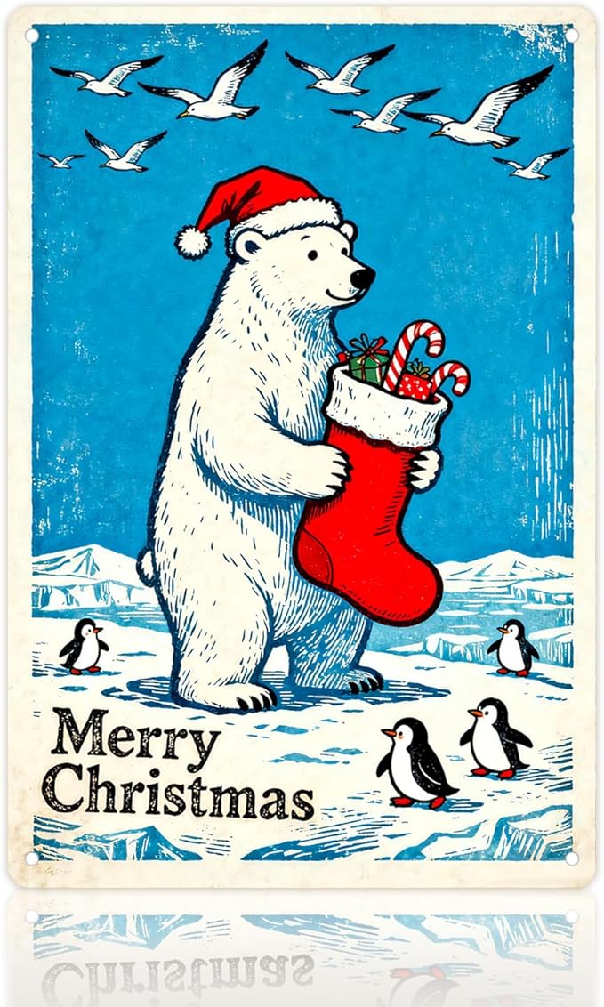 Christmas Metal Tin Sign 8x12 Inch - Merry Christmas Arctic Bear & Penguin Holiday Decor For Indoor Outdoor Use, Festive Wall Decoration For Home, Office, Xmas Tree Ornament Gift