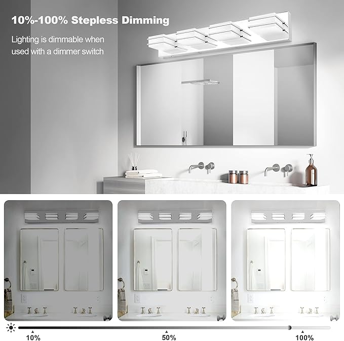 GOODATE 3 Color Temperature Dimmable Vanity Lights for Bathroom, LED Chrome 4 Light Vanity Light Fixtures, Acrylic Stainless Steel Square Shade Bathroom Light Fixtures Over Mirror, ETL Certificated