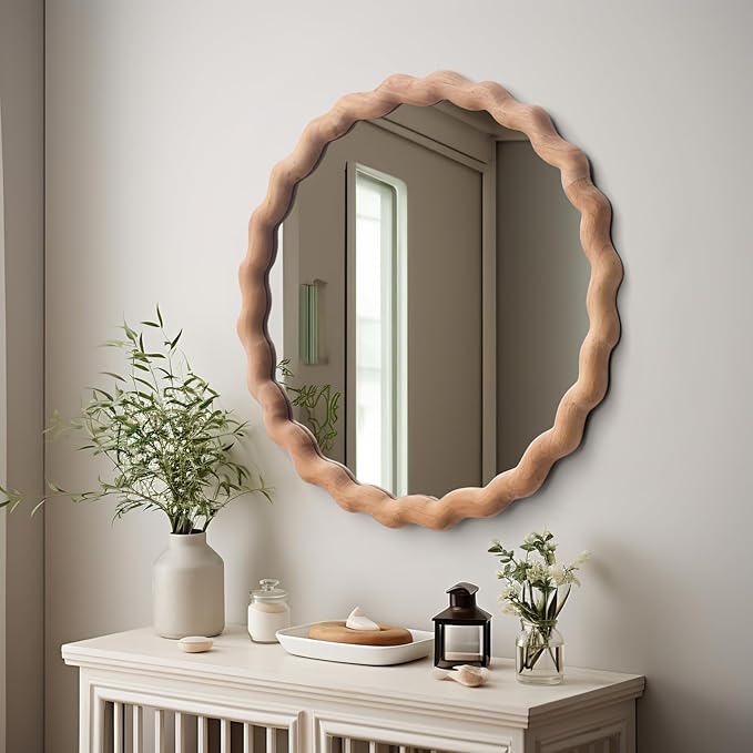 Irregular Wall Mirror,Wood Round Farmhouse Mirror Unique Vanity Mirror,20" Nature Wooden Modern Bathroom Mirror for Washroom Living Room Bedroom
