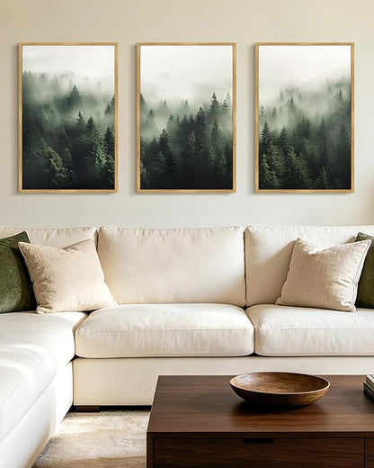 PHOPAGO Green Fog Pine Tree Framed Wall Art Large 16x24in Nature Misty Nordic Forests Artwork Morden Paints for Living Room Home Office Decor - Natural Framed