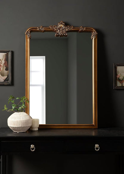 Kate and Laurel Elowyn Traditional Ornate Arched Mirror, 25 x 36, Gold, Vintage Arch Mirror with Baroque Details for Use as Bathroom Mirror or Fireplace Mantel Mirror