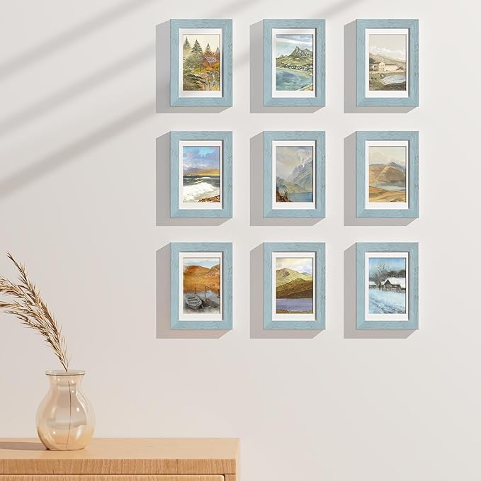 Vittanly 4x6 Picture Frames Set of 9, Display 3.5x5 Pictures with Mat or 4x6 without Mat, Photo Frames for Wall or Tabletop with Plexiglass, Engineered Wood, Rustic Blue