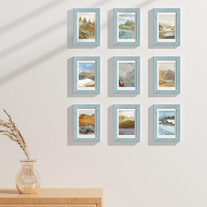 Vittanly 4x6 Picture Frames Set of 9, Display 3.5x5 Pictures with Mat or 4x6 without Mat, Photo Frames for Wall or Tabletop with Plexiglass, Engineered Wood, Rustic Blue