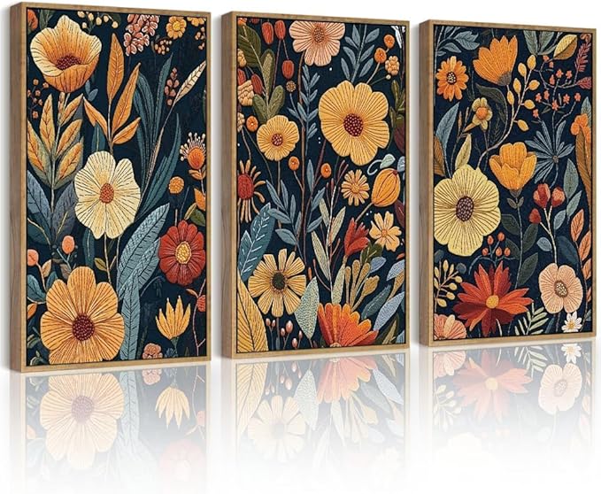 Drsoum Vintage Flower Wall Art Framed Retro Bohemian Boho Colorful Floral Plant Rustic Artwork Nature Botanical Wildflower Prints Bedroom Living Room Ready to Hang 11x14in Natural Framed