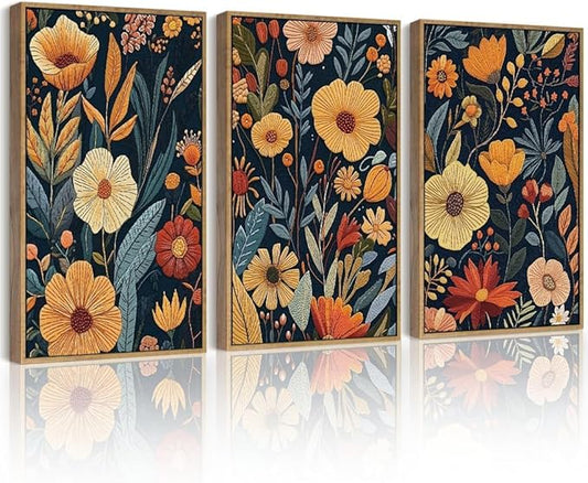 Drsoum Vintage Flower Wall Art Framed Retro Bohemian Boho Colorful Floral Plant Rustic Artwork Nature Botanical Wildflower Prints Bedroom Living Room Ready to Hang 11x14in Natural Framed
