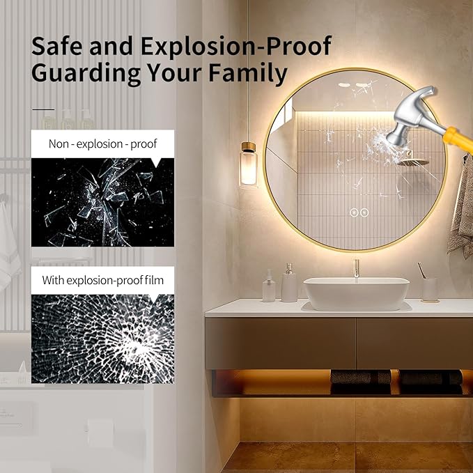 LAIYA 36 Inch Round LED Bathroom Mirror with Lights, Gold Aluminum Frame, Anti-Fog Dimmable Backlit Vanity Mirror, 3 Color Temperature, Memory Function, Wall Mounted Lighted Bathroom Mirror