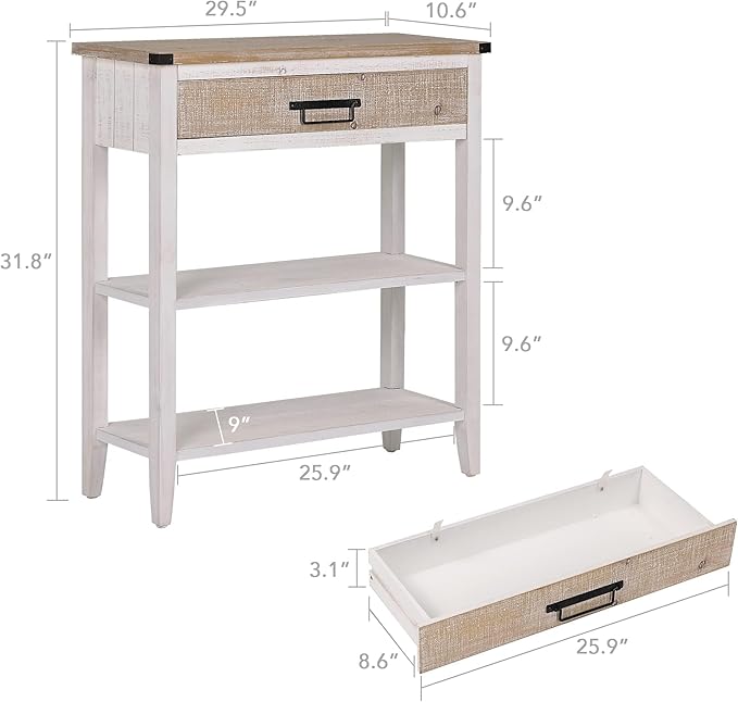 RUSTOWN Farmhouse Console Table with Drawer, 3-Tier Rustic Entryway Table with Open Storage Shelves and Handmade Metal Handle, Narrow Foyer Sofa Table for Living Room, Entryway, Hallway (Washed White)