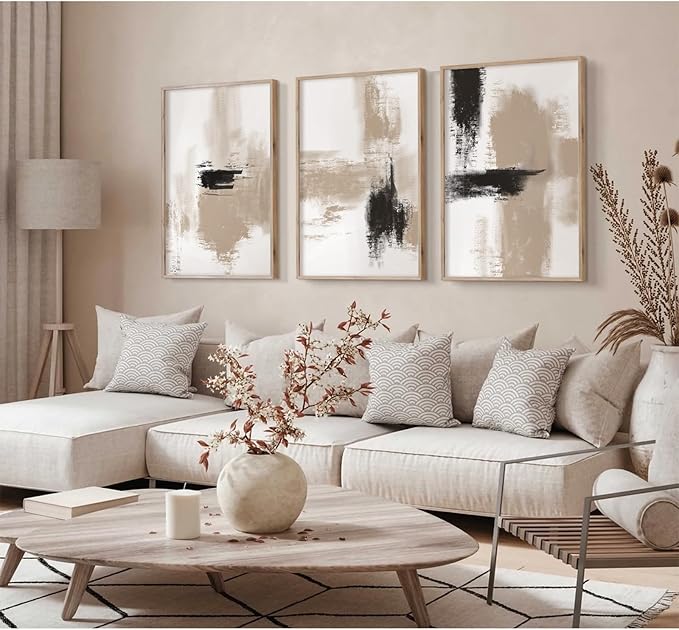 Joocrise Beige Abstract Wall Art Painting Set of 3 Neutral Canvas Wall Art Prints Black Beige Modern Wall Decor Minimalist Art Pictures Abstract Modern Artwork for Room Bedroom 24x36 Inch Unframed