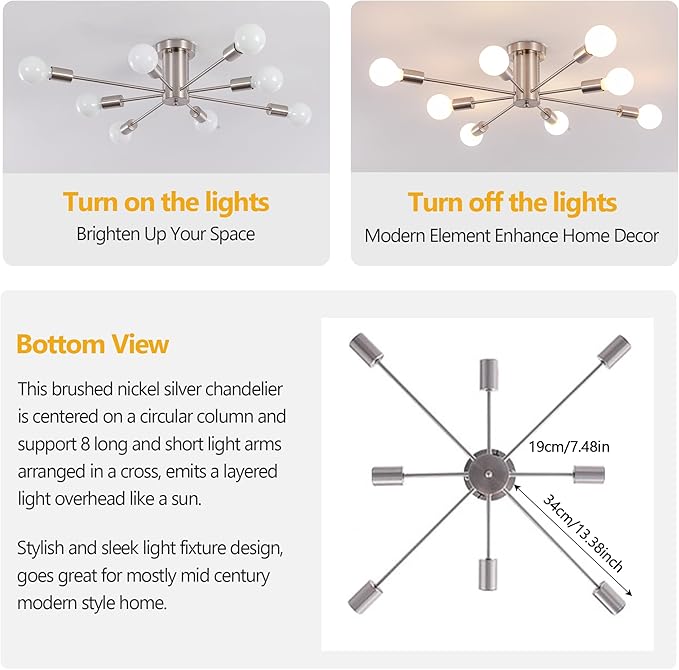 Modern Sputnik Chandelier, 8-Light Ceiling Light Fixture, Bedroom Light Fixture, Sputnik Lights Fixture for Living Room, Dining Room, Kitchen, Office, Hallway, Foyer (Brushed Nickel Silver) - E26 Base