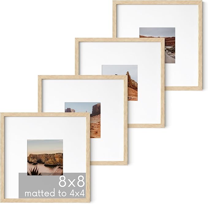 HAUS AND HUES Beige Oak Wood 8x8 Picture Frames - Set of 4, Square Frames with Mat, Contemporary Frames for Photos (8x8 in, Beige, Set of 4)