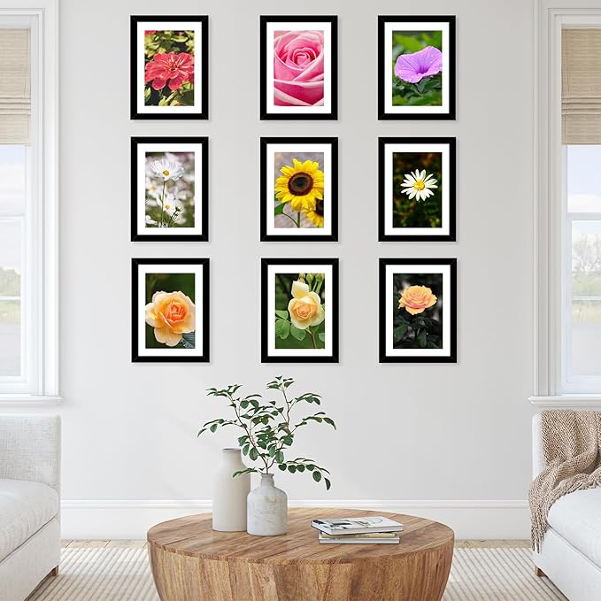 JCJMY 5x7 Picture Frame with 4x6 Mat Set of 6, Display Photo 4x6 with Mat or 5x7 without Mat, 5 by 7 Wall Poster Photo Frame with Shatter Resistant Plexiglass for Wall or Tabletop, 6 Pack, Black