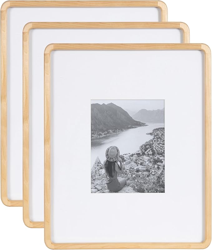 Kate and Laurel Inglewood Modern Wall Picture Frame Set of 3; 16x20 matted to 8x10; Natural Wood; Three-Piece Frame Set for Gallery Wall Accent Set in Living Room Decor