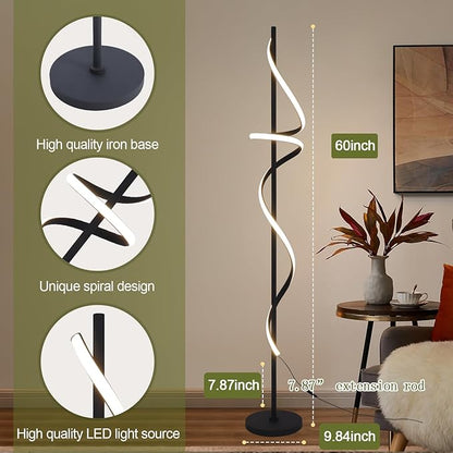 EIDISUNY Modern Spiral Floor Lamp with Remote Control, 48W LED Floor Lamps for Living Room, 3 Colors Dimmable Tall Standing Lamp for Living Room, 60'' Modern Floor lamp for Bedroom Black