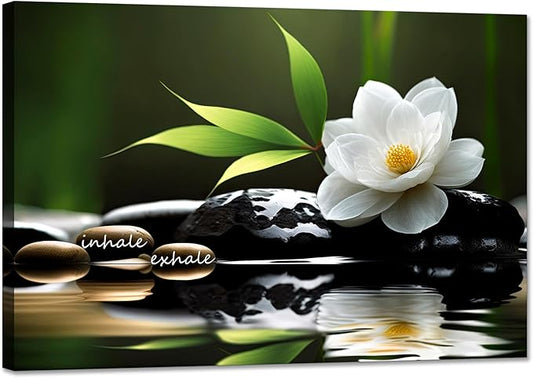 YIOZHAOFH Lotus Flower Wall Art Zen Canvas Inhale Exhale Poster Black Spas Nature Prints Pictures for Meditation Wall Decor Framed Artwork Ready to Hang (16.00" x 24.00")