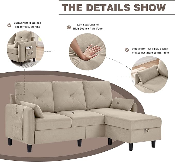 Convertible Sectional Sofa, 77" Small L Shaped 3 Seat Couch with Reversible Storage Chaise, Modern Polyester Fabric Sofa Couches for Living Room, Apartment and Small Space, Beige
