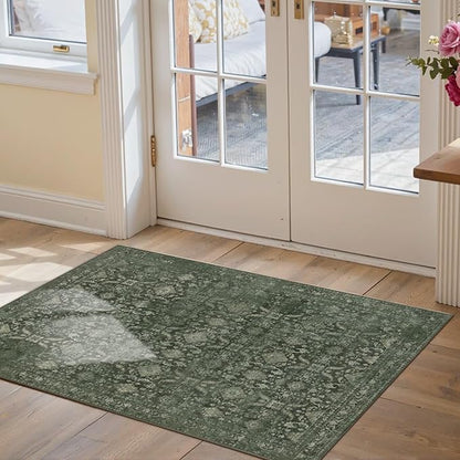 Rugxara Entryway Rug Door Mat, Washable Samll 2x3 Rug, Green Boho Front Door Mat, Non Slip Area Rugs, Low Pile Throw Accent Entry Carpet for Indoor Entrance, Bathroom and Kitchen(Green 2x3ft)