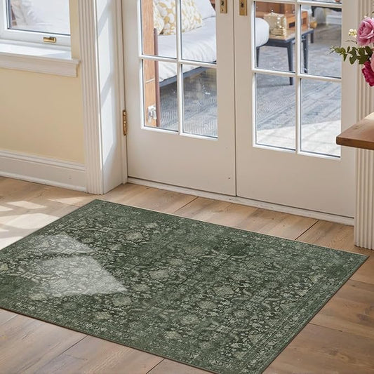 Rugxara Entryway Rug Door Mat, Washable Samll 2x3 Rug, Green Boho Front Door Mat, Non Slip Area Rugs, Low Pile Throw Accent Entry Carpet for Indoor Entrance, Bathroom and Kitchen(Green 2x3ft)