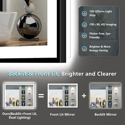 30x36 Black Framed LED Bathroom Mirror with Lights, Backlit and Front Lit Anti-Fog Lighted Vanity Mirrors for Bathroom Wall, Dimmable, 3 Colors, Memory, HD Tempered Glass, Horizontal/Vertical