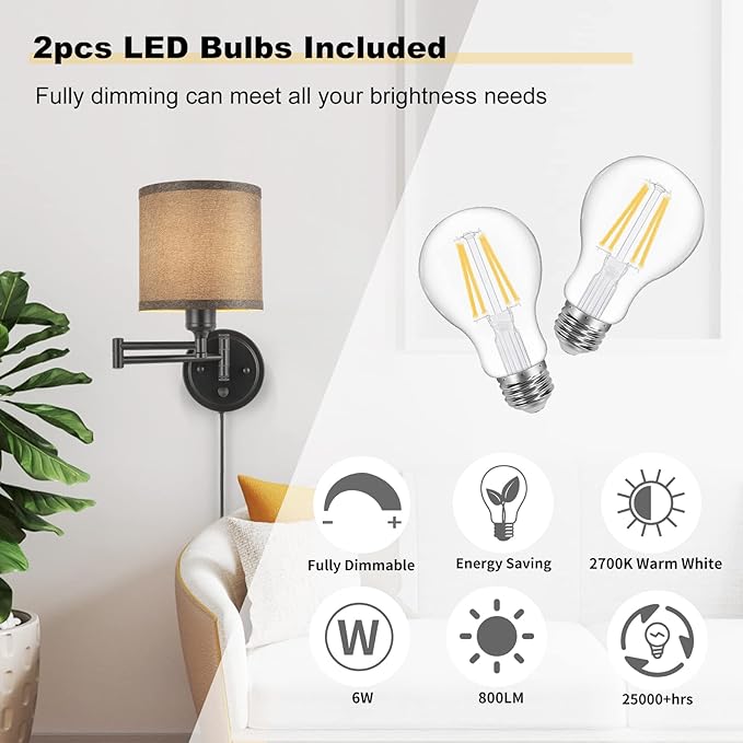 GOODATE Dimmable Plug in Wall Sconces, Swing Arm Wall Lamp, Wall Sconces Set of Two, Plug in Wall Light, Sconces Wall Decor Set of 2, Grey Fabric Shade, 2pcs Bulbs Included
