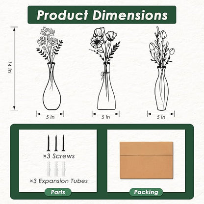 Sanwarm 3 Pieces Metal Flowers Wall Decor, Black Wall Art Decors Abstract Floral Vase Rustic Farmhouse Minimalist Hanging Decoration for Home Bathroom Living Room Bedroom Garden Office Gifts