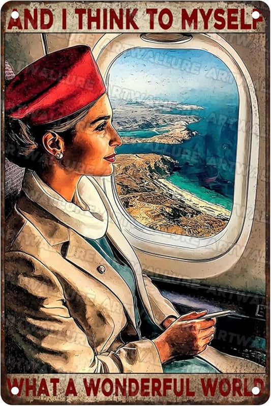 Travel Enthusiast Tin Plaque Rustic Wall Art Vintage Airplane Decor What A Wonderful World 8x12inch