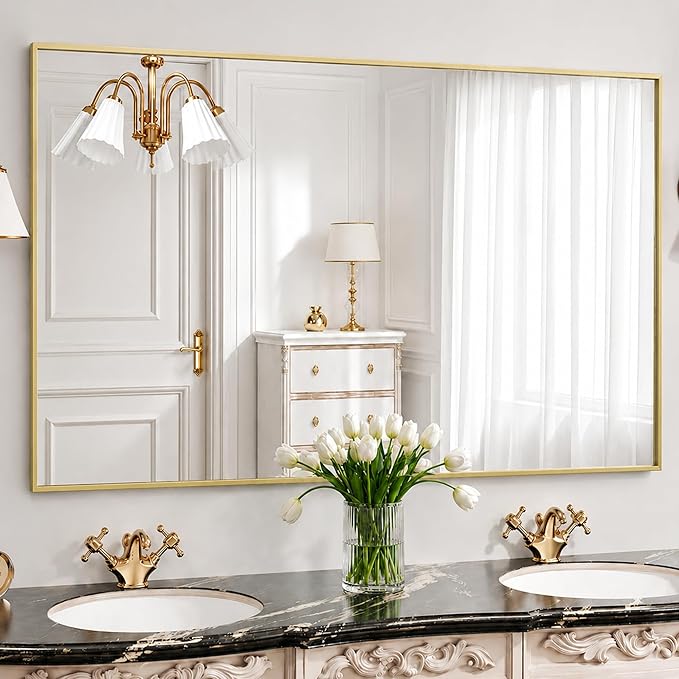 30" x 48" Gold Wall Mirror, 48" x 30" Large Metal Framed Accent Mirror, Horizontal Decor for Dining Room & Bathroom Vanity