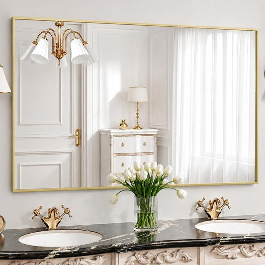 30" x 48" Gold Wall Mirror, 48" x 30" Large Metal Framed Accent Mirror, Horizontal Decor for Dining Room & Bathroom Vanity