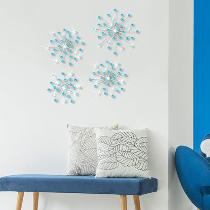 Funnymoom 4 Pcs Blue Starburst Wall Decor Metal Bling Wall Art Blue Crystal Sparkling Rhinestones Bling Decorative Hanging Diamond for Living Room Bedroom Home Office