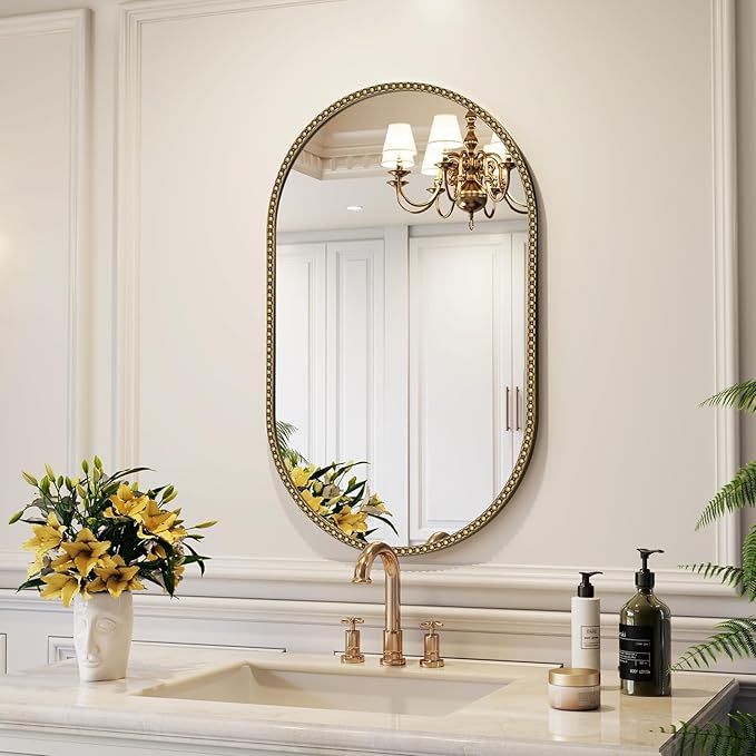 Champagne Bronze Bathroom Mirror, 20x33 Inch Vintage Gold Beaded Oval Mirrors, Antique Brass Decorative Mirror for Living Room, Bedroom, Entryway, Fireplace