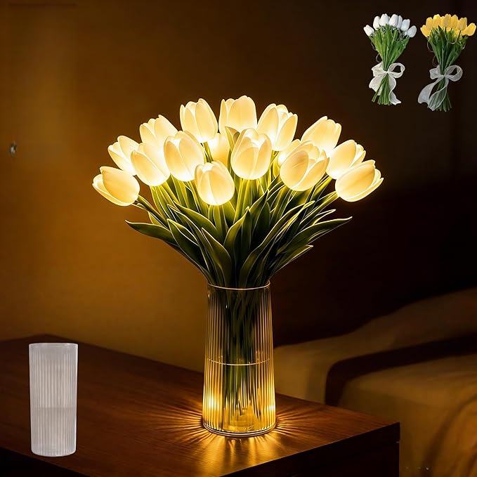 Radiant Romantic Tulip Light with Vase, 15 PCS Twinkling Tree Tulips LED Night Light Long-Lasting Brightness, Flower Shaped Ambient Night Lamp for Bedroom Bedside Decor & Gift (White)
