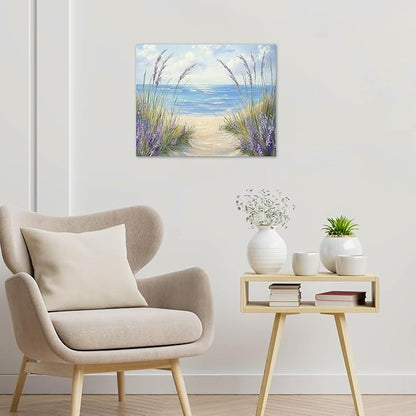 LB Coastal Lavender Beach Wall Art Vintage Lavender Flower Butterfly with Inspirational Canvas Wall Art Rustic Wood Wall Decor for Bedroom Bathroom Living Room Framed Artwork Ready to Hang 12L x 12W