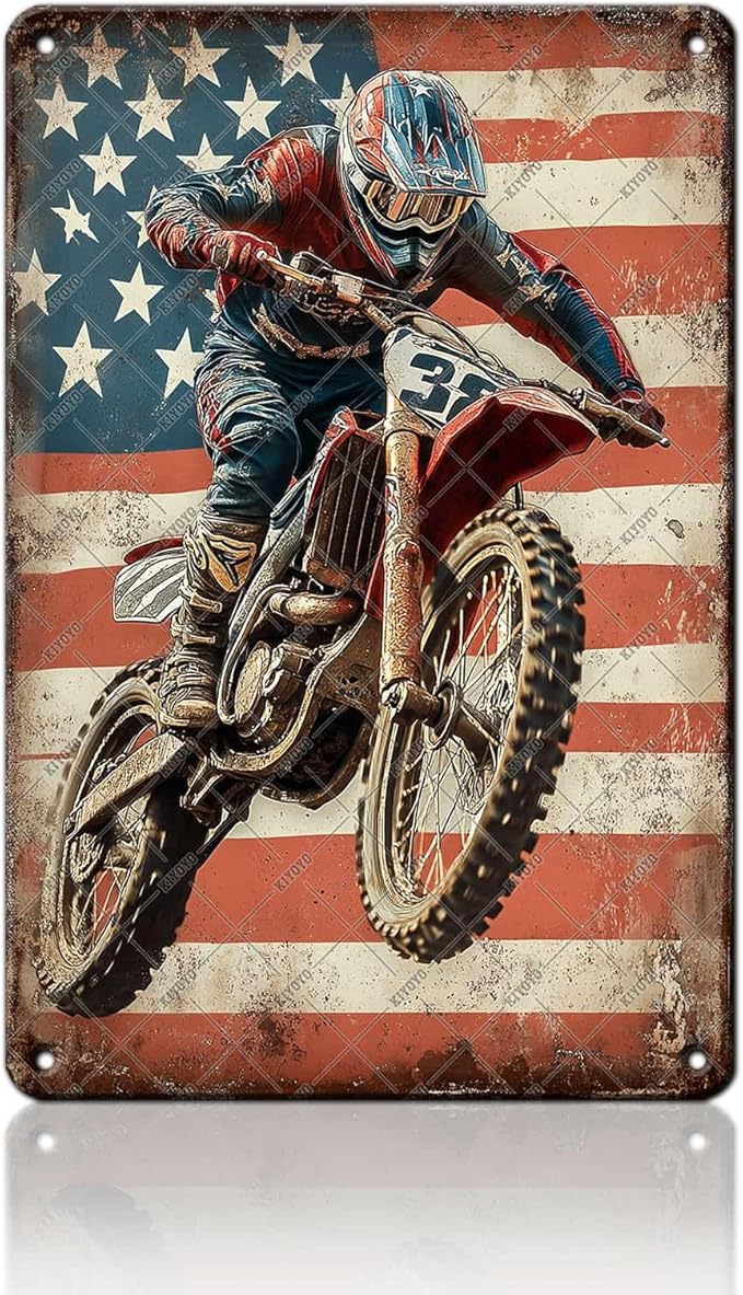 Dirt Bike Racing Motocross Racing American Flag Metal Signs Racing Motocross Tin Poster Wall Decor Home Office Garage Man Cave Bar Club Boy Room Decor 12x16 Inch