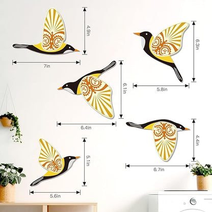 KOYILTD 5 Piece Bird Wood Wall Sculptures Wooden Wall Art Decor Scandinavian Home Decorations Flying Bird Wall Decor Farmhouse Wall Art for Home Living Room Bathroom Dining Room (Yellow)