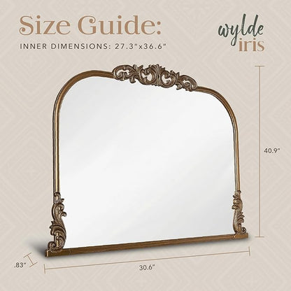 Wylde Iris English Estate Carved Arch Wood Wall Mirror, Mirror for Entryway, Living Room, Bathroom, Antique Gold, 30.6x41