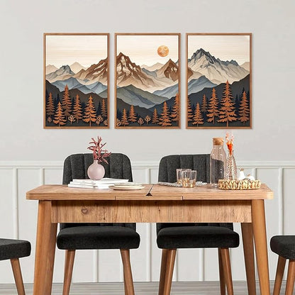 HLNIUC Boho Woodcut Mountain Framed Canvas Wall Art,Large Sun Forest Wall Decor,Orange Mid Century Sunrise Scene Artwork Set of 3 (24x36),Nature Colorado Peaks Prints for Living Room,Bedroom,Office