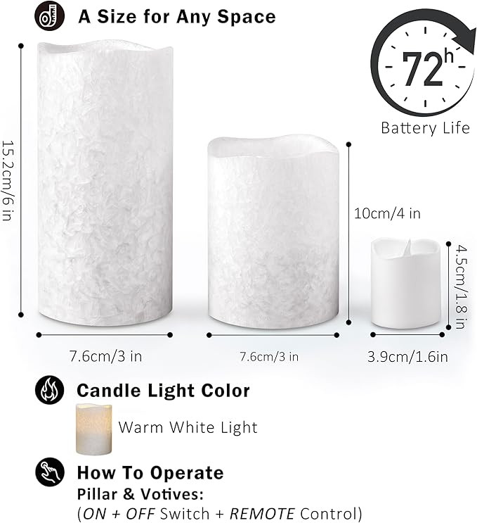 FURORA LIGHTING White Crystallized Flameless Candles - Real Wax, Adjustable Brightness, Remote & Timer - 4 Pillars (3x4, 3x6) and 4 Votives, 8-Pack, Battery Operated