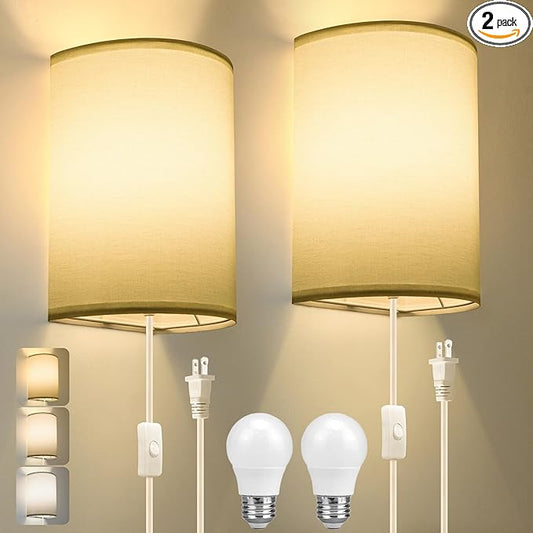 Plug in Wall Sconce, 3 Color, Set of Two, Industrial Wall Lamp with Plug in Cord, Rustic Fixture, On/Off Switch Vintage Wall Light Fixture for Headboard Bedroom Porch (White)