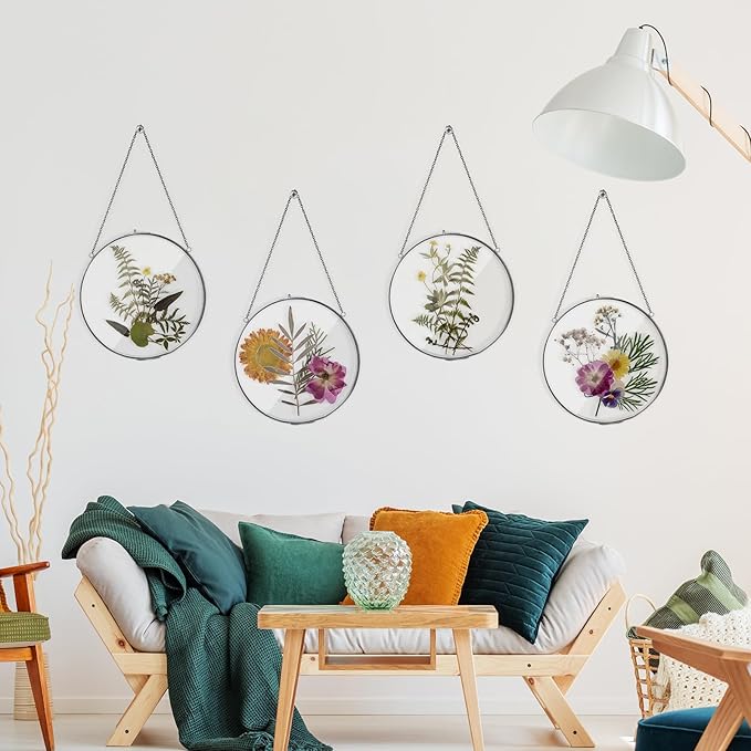 Qunclay 4 Pcs Double Glass Frame for Pressed Flowers Round Hanging Herbarium Floating Flower Press Frame Clear DIY Vintage Artwork Display holder(8 Inch,Black)