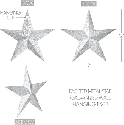 VHC Brands Patriotic Faceted Metal Star Galvanized Wall Hanging 12x12, Independence Day Decor, American Star Design, Distressed Appearance Metal Wall Hanging