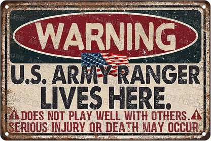 Warning US Army Ranger Vintage Tin Sign Great Patriotic Home Decor and Private Property Metal Sign for American Flag Home and Office Decor USA Army and Military 8x12inch