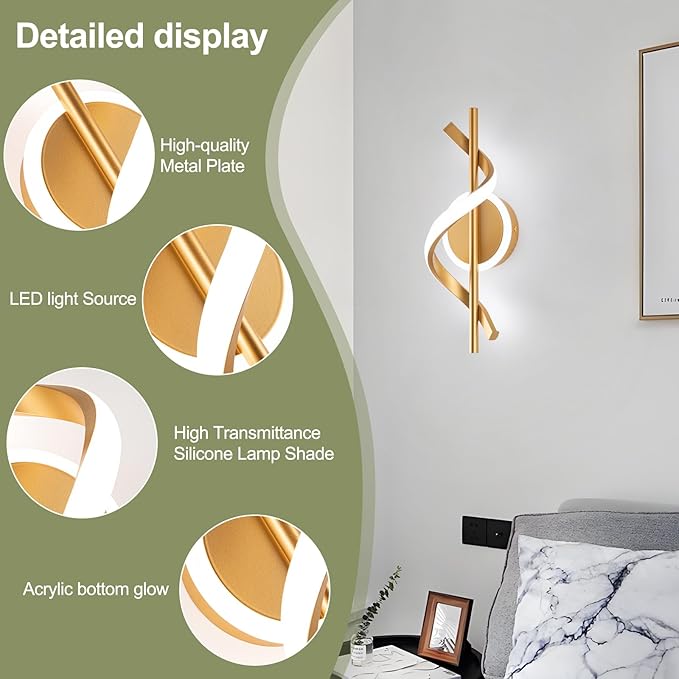 EIDISUNY 2 Pack LED Wall Sconces Indoor, 12W LED Wall Mount Lights, Modern Spiral Wall Lamp, 6000K Cold Light Fixture for Stairs, Living Room, Bedroom, Aisle, Hallway (Cold White, Gold)