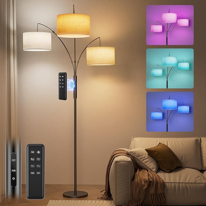 SIBRILLE 36W RGB Arc Floor Lamp with 3 Fabric Shades, 3000LM Super Bright Standing Lamp with Remote Control & Touch, Stepless Dimming, Individual Light Control for Living Room, Bedroom