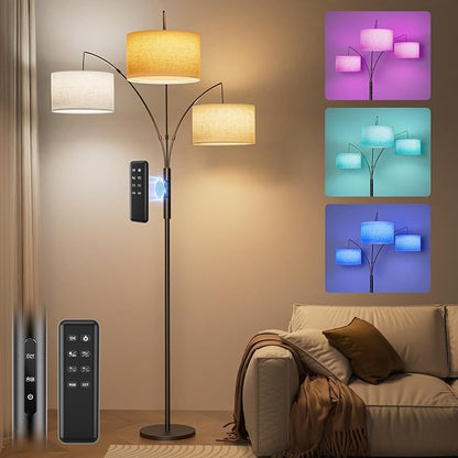 SIBRILLE 36W RGB Arc Floor Lamp with 3 Fabric Shades, 3000LM Super Bright Standing Lamp with Remote Control & Touch, Stepless Dimming, Individual Light Control for Living Room, Bedroom