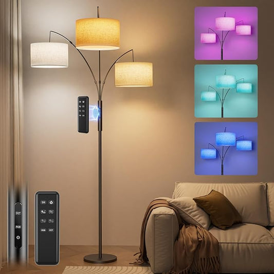 SIBRILLE 36W RGB Arc Floor Lamp with 3 Fabric Shades, 3000LM Super Bright Standing Lamp with Remote Control & Touch, Stepless Dimming, Individual Light Control for Living Room, Bedroom