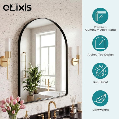 OLIXIS Arched Bathroom Mirror for Over Sink, 30x20 Inch Wall Mirror Arched Rounded Rectangle, Modern Wall Mount Vanity Mirror with Matte Metal Deep Framed, for Home Decor, Living Room, Black