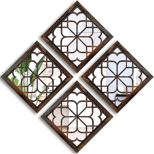 Wocred Set of 4 Mirrors Square Wall Mirror,Gorgeous Rustic Farmhouse Accent Mirror,Caramel Color Entry Mirror for Bathroom Renovation,Bedrooms,Living Rooms and More (12”x12”4pcs)