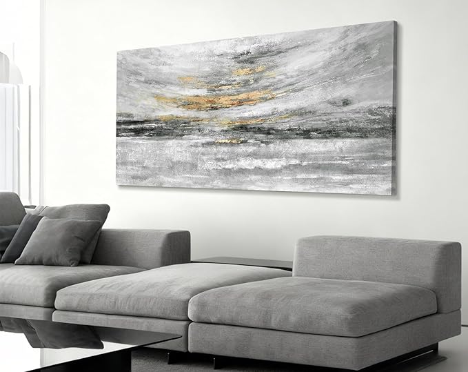 Nicetop Large 48x24 Inch Black White Gold Abstract Canvas Wall Art, Modern Coastal Ocean Art, Minimalist Wall Decor Ready to Hang for Living Room Bedroom Bathroom Office