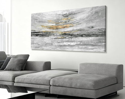Nicetop Large 48x24 Inch Black White Gold Abstract Canvas Wall Art, Modern Coastal Ocean Art, Minimalist Wall Decor Ready to Hang for Living Room Bedroom Bathroom Office